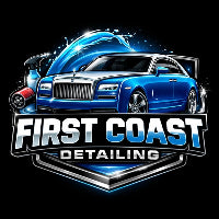 Logo for First Coast Detailing featuring a blue car and cleaning tools on a black background.